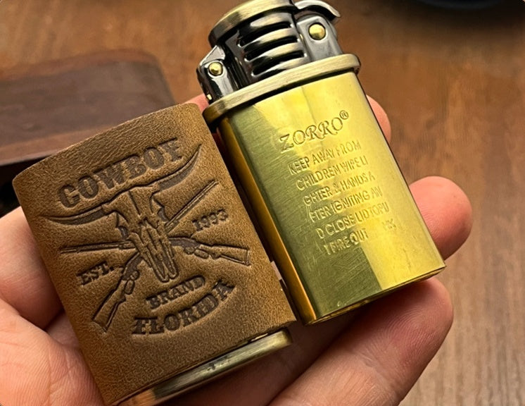 Zorro 520 Vintage "Western Cowboy" Brass Lighter – Handmade Crazy Horse Leather Wrap | Retro Kerosene Ignition